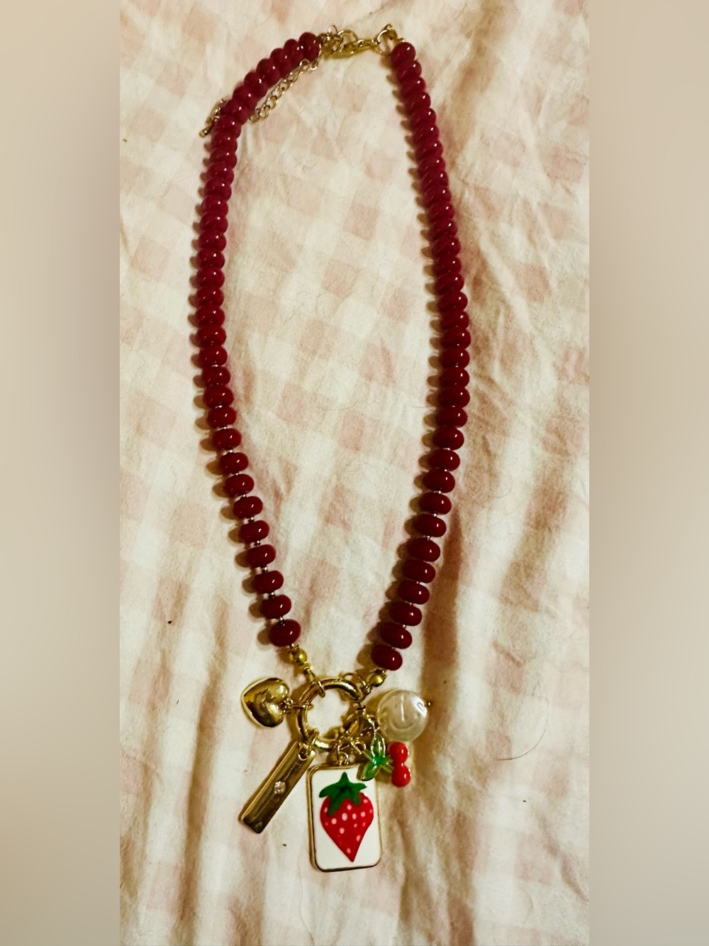 Gold Charm Necklace with Red Beads